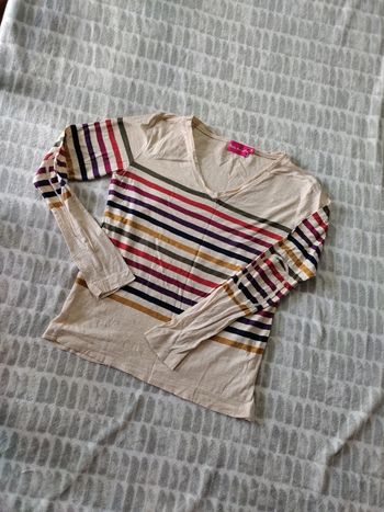 Tee-shirt manches longues beige rayures multicolores Little Marcel taille S 36