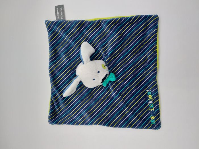 Doudou plat chien blanc ORCHESTRA Magichien Bleu rayures vert pistache nœud - photo numéro 2