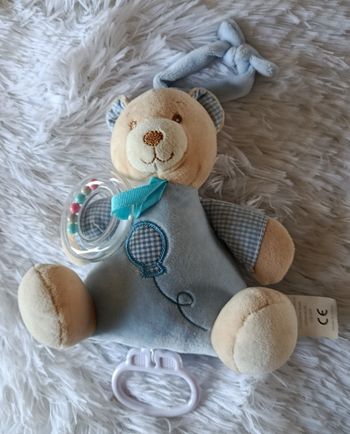 Doudou peluche musical ours bleu et Vichy - Sheldon