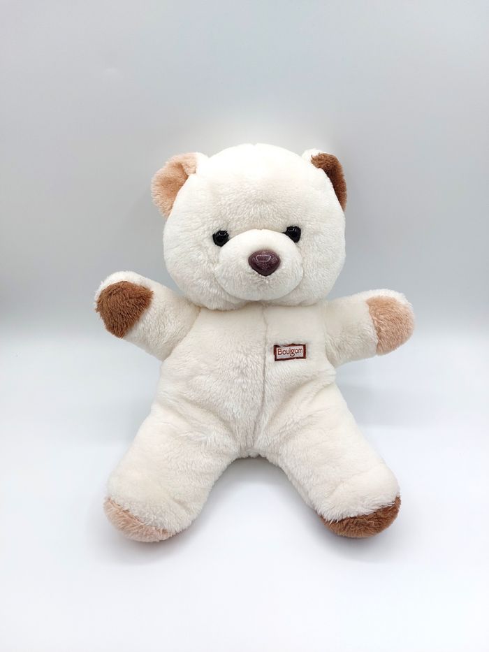 Ancien doudou peluche ours blanc beige BOULGOM marron Vintage 30 cm yeux durs