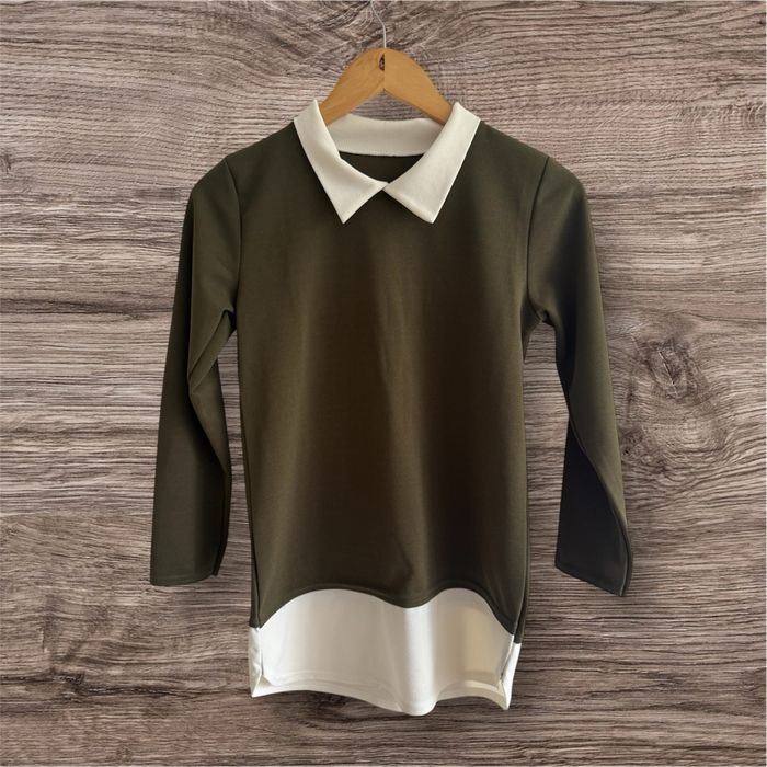 Blouse manches longue kaki blanc avec col taille 36 S