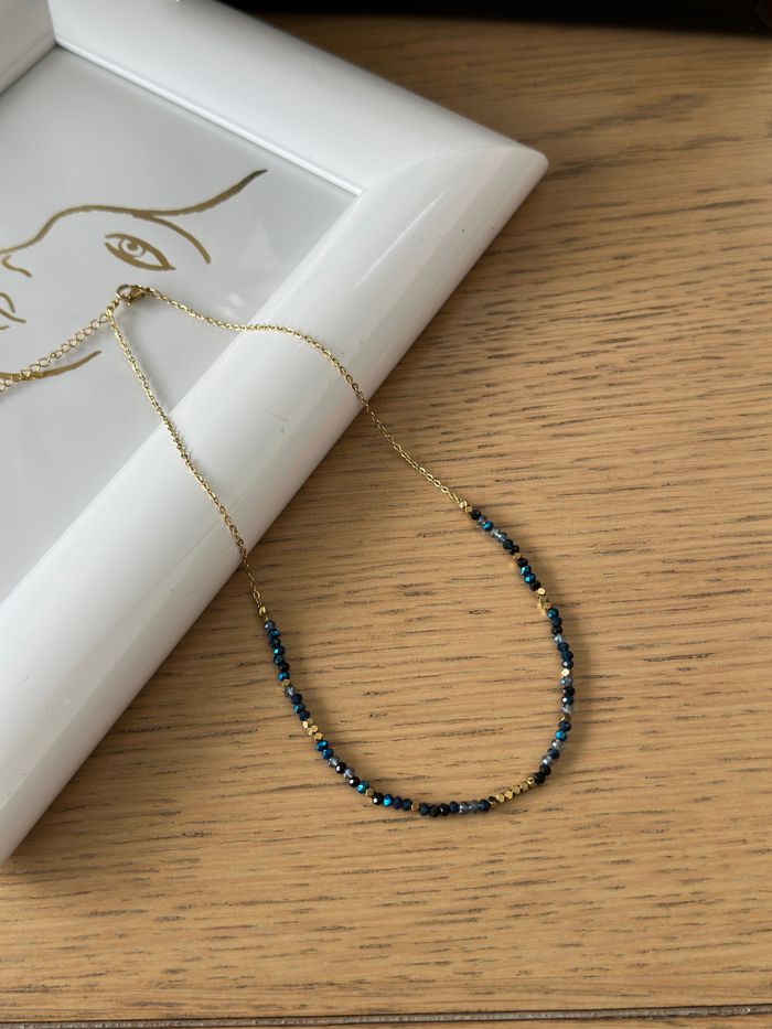 Collier fin en perles de cristal couleur bleuté chaîne en acier inoxydable or avec chaînette réglable - photo numéro 3