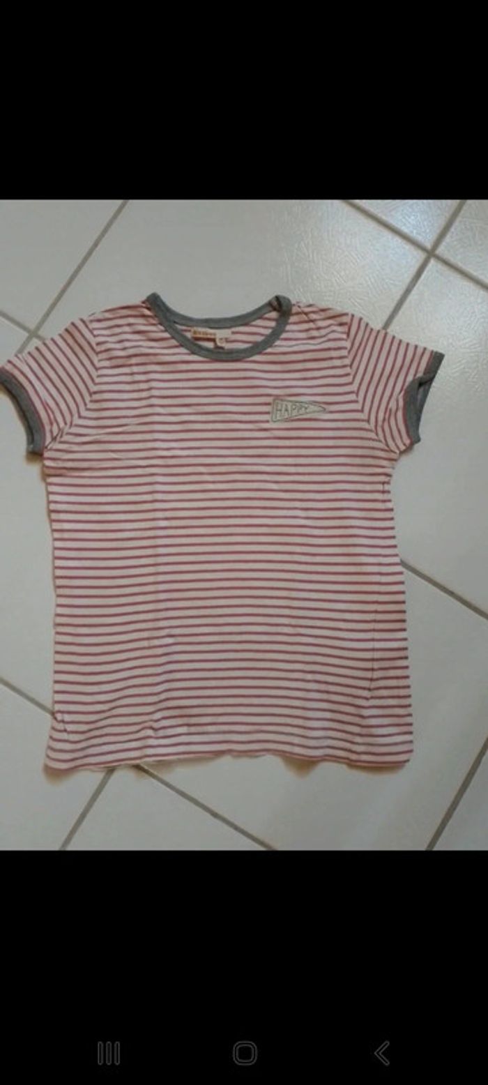 T-shirt fille rouge et beige rayés Bizzbee
