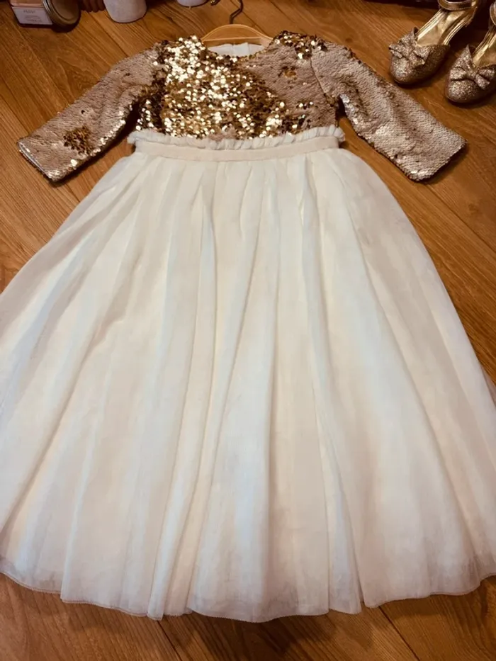 Taille 3-4 ans robe longue créateur fille TAO blanche doré * sequins réversibles tulle * 💞 - photo numéro 5