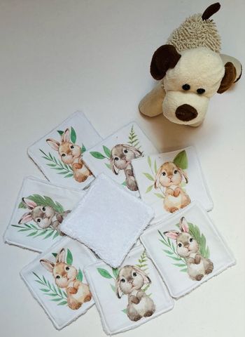 Lingettes lavables X8. Coton/éponge. Lapins