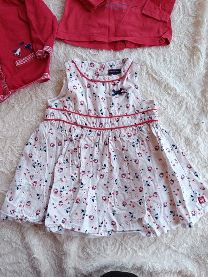 Ensemble 5 pièces (robe+boomer+tee shirt+gilet+chapeau) Fille 6 mois oiseau mer Sergent major - photo numéro 2