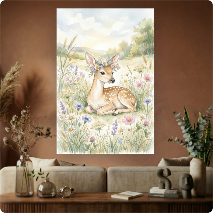 Affiche murale "Faon Fleuri Printemps" poster animal nature doux déco A3 Sans cadre