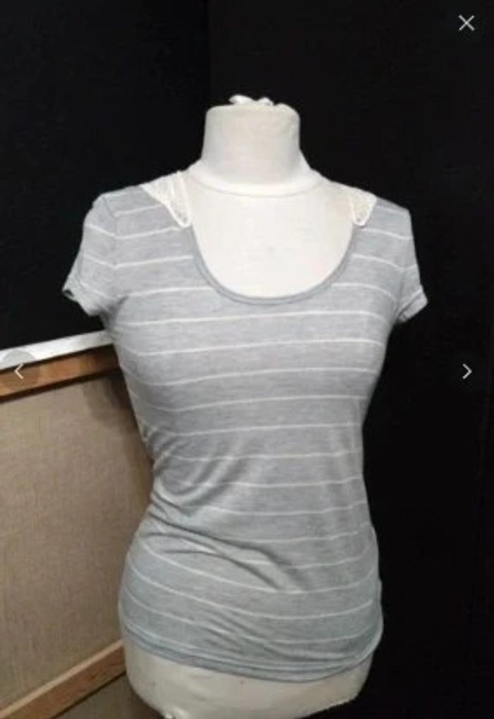 T shirt gris marinière dentelles t s 36 only - photo numéro 2