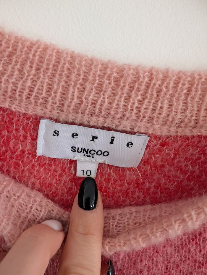 Pull en mohair et laine à zébrures beiges et fuchsia Suncoo T0 - photo numéro 9