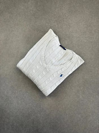 Pull d’hiver torsadé en maille Ralph Lauren blanc logo bleu col V taille L femme