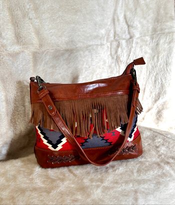 Sac bandoulière western bohème marron rouge style amérindien à franges neuf
