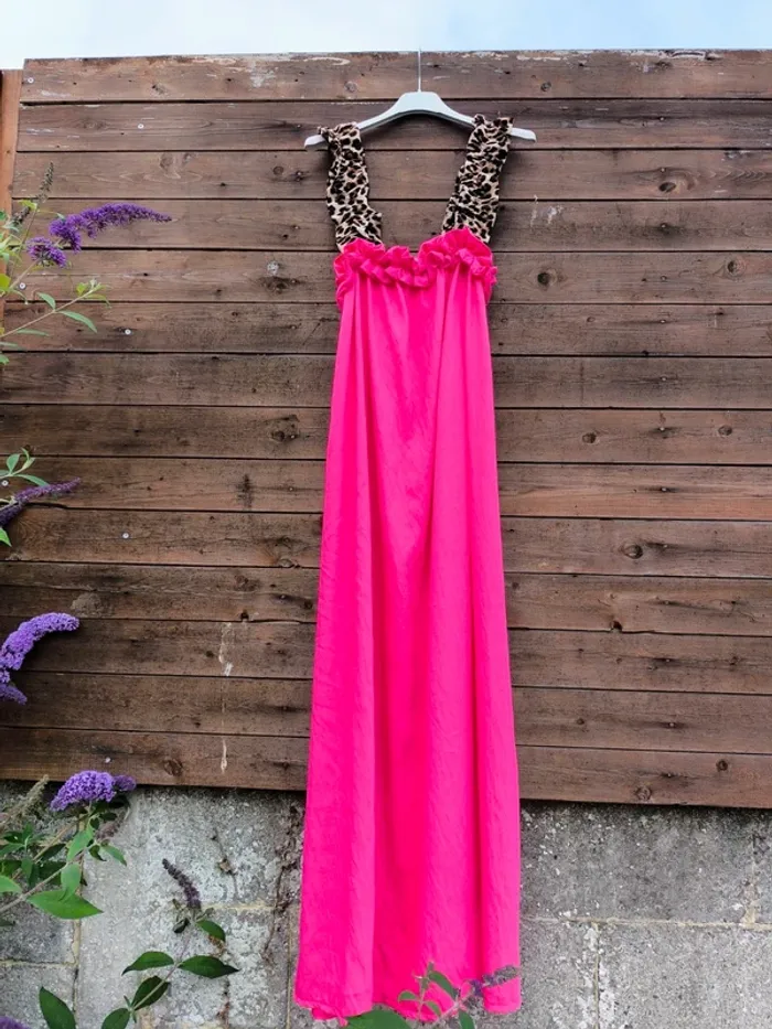 Robe longue rose fushia bretelles léopard TU 36 à 44
