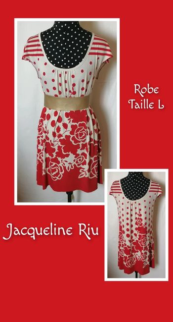 Robe courte d'été fluide fleurs pois rayures rouge blanc taille L Jacqueline Riu