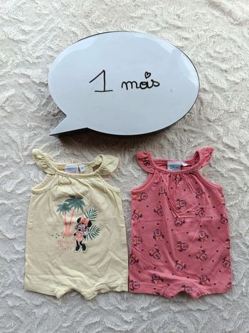 Lot de 2 barboteuses combinaison été combi short Fille 1 mois Minnie Disney Baby