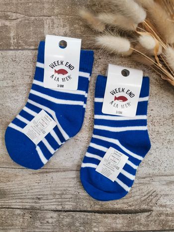 🌺Lot 2 paires de très jolies chaussettes Weekend à la mer bleu blanc Rayé marin 3/6mois mixte