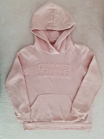 Sweat à capuche Okaïdi 8 ans rose clair avec inscription en relief