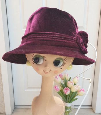 chapeau velours neuf femme taille unique bordeaux prune aubergine fleurs