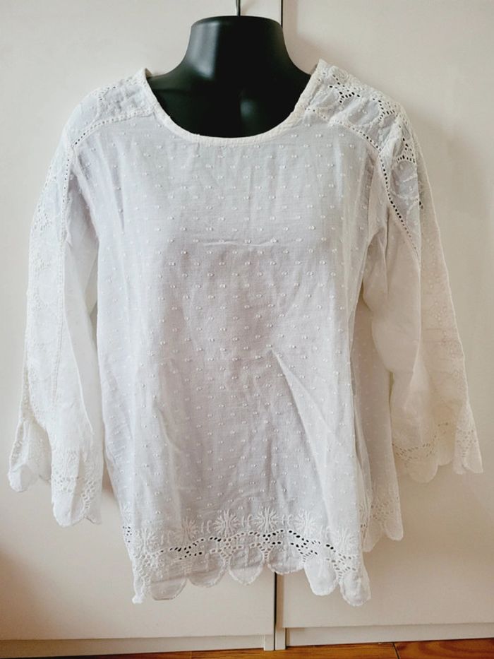 Haut Top tee shirt blouse motifs pois blancs en 100% coton manches originales taille L 40