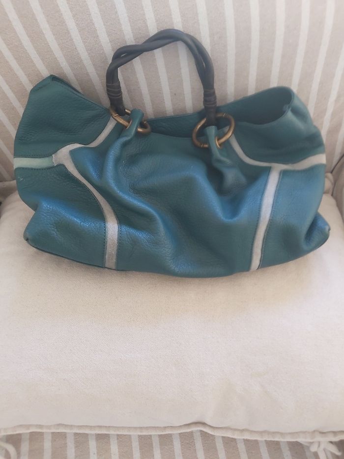 Sac à main cabas turquoise &  anse tressé