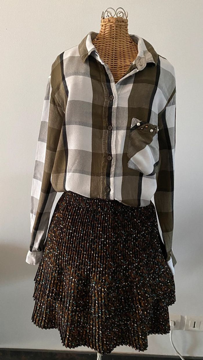 Chemise Zara blanche et kaki à gros carreaux manches longues taille S - photo numéro 10