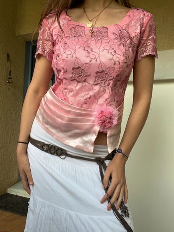 Tee-shirt coquette Lolita brillant 80’s soie Ibiza bohème champêtre vintage