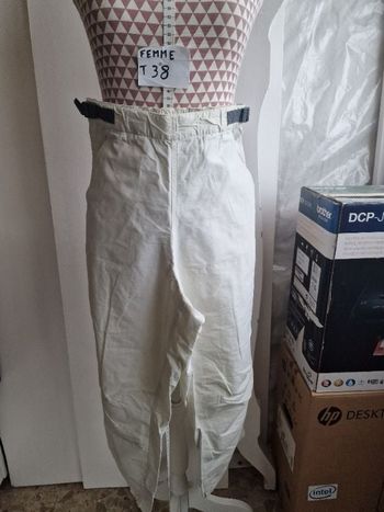 Pantalon, crème,taille haute élastique et réglable, en coton & polyamide, 2 poches latérales