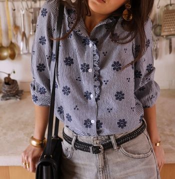 Blouse avec broderie fleurs - Marine - Taille S/M