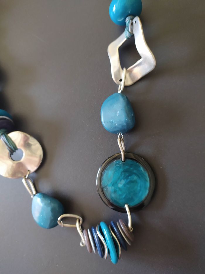 Collier grosses perles atgentées et turquoise - photo numéro 2