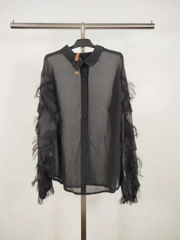 Chemise noire transparente à plumes franges Klair - Taille L A615