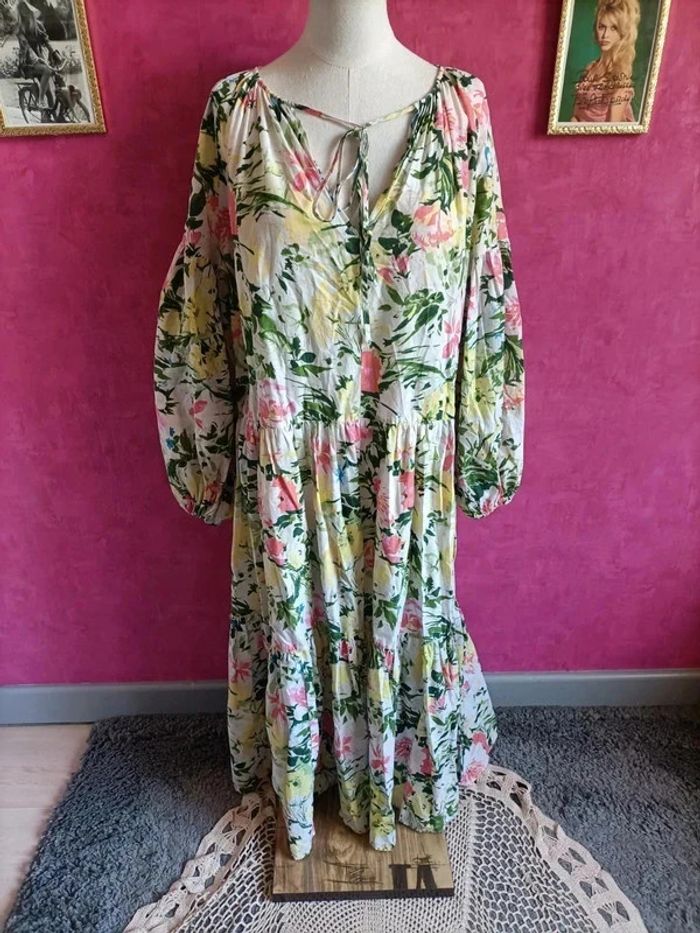 Robe maxi vaporeuse manches longues bouffantes style bohème à fleurs H&M taille M - photo numéro 3