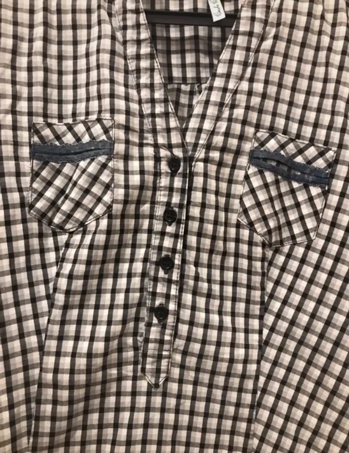 Haut tunique femme chemise cache cache noire gris à carreaux taille 2 - photo numéro 3