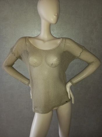 tee shirt manche longue résille beige pailleté argent IKKS taille 40