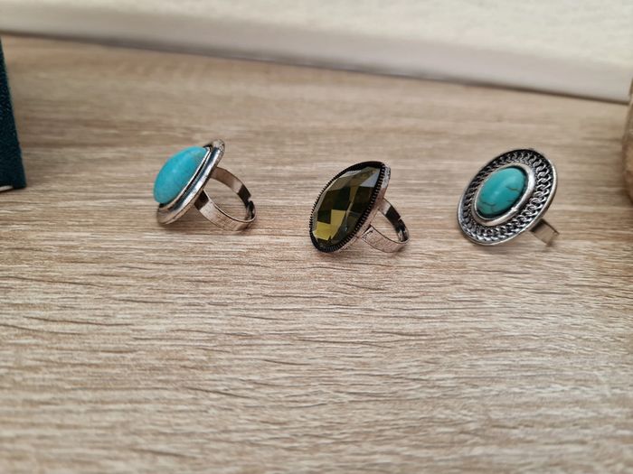 Lot 3 Bagues Réglables Argentées Turquoise Strass - photo numéro 8