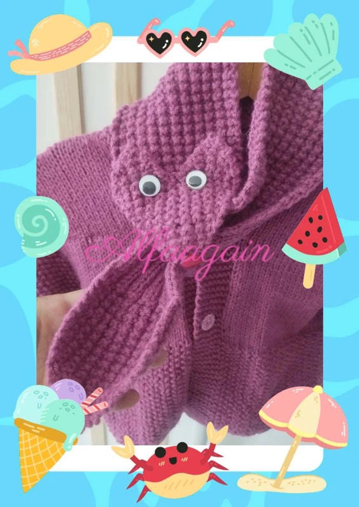 Gilet bonnet écharpe rose framboise tricot 3/4ans - photo numéro 5