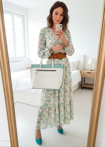 Grand sac à main façon cabas bi-colore blanc/vert d'eau en simili cuir 