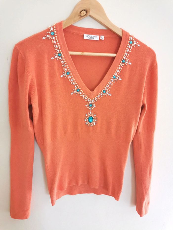 Pull bijoux strass mélange coton printemps été corail style vintage L 40 - photo numéro 3