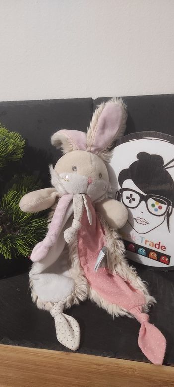 Baby Nat Doudou Lapin Papuche Bn038581 rose blanc fourrure jambe pois point