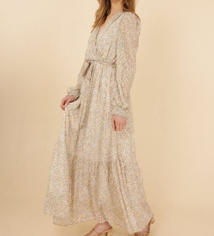robe longue d'été ou cérémonie fluide beige fleuri et or Taille 36/38 - photo numéro 3