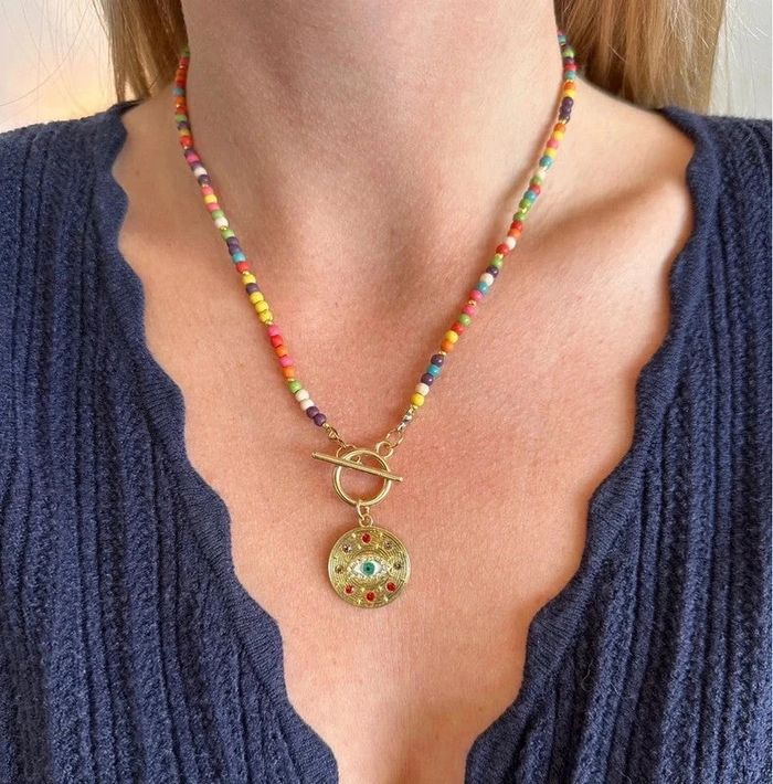 Collier avec perles en howlite multicolore acier inoxydable - photo numéro 3