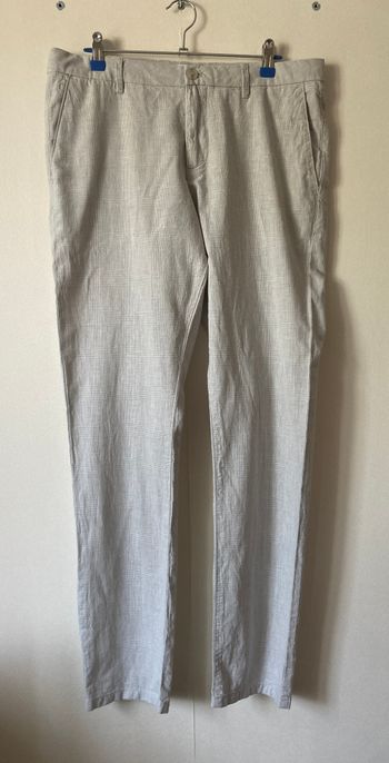 pantalon droit motif prince de galles lin et coton