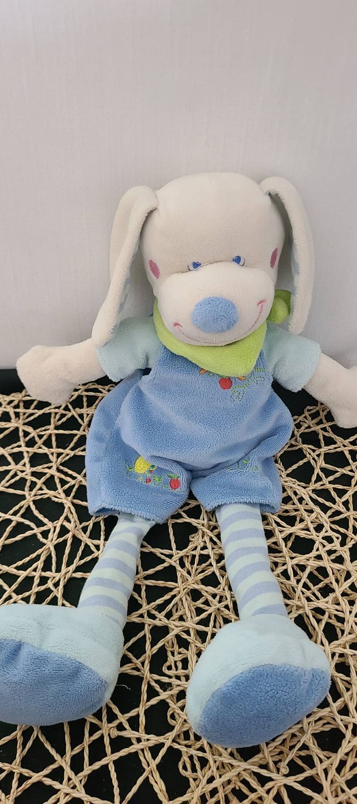 MOTS D'ENFANTS DOUDOU CHIEN BLANC SALOPETTE BLEU - photo numéro 4