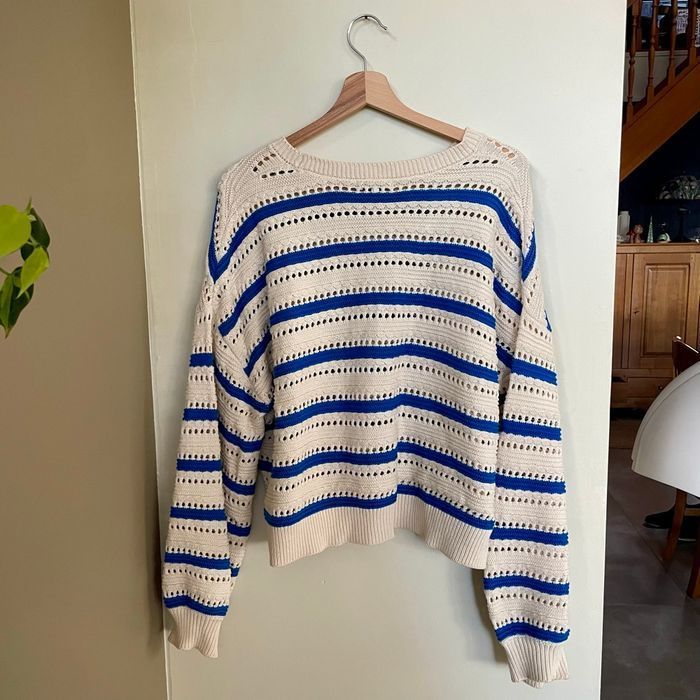 Pull ajouré coton rayé bleu blanc écru BZB taille L 100 % coton maille printemps été légère V060 - photo numéro 6