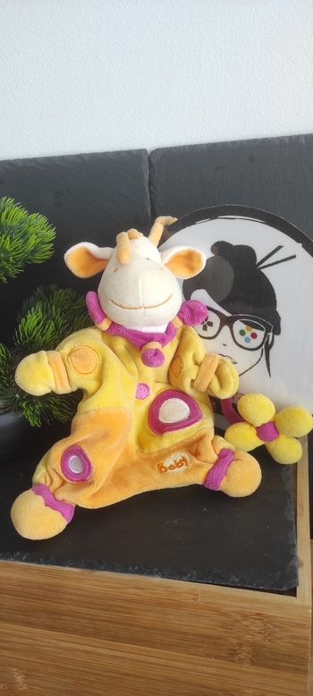 doudou marionnette girafe orange rose fleur baby nat jaune rond Collerette Noeud