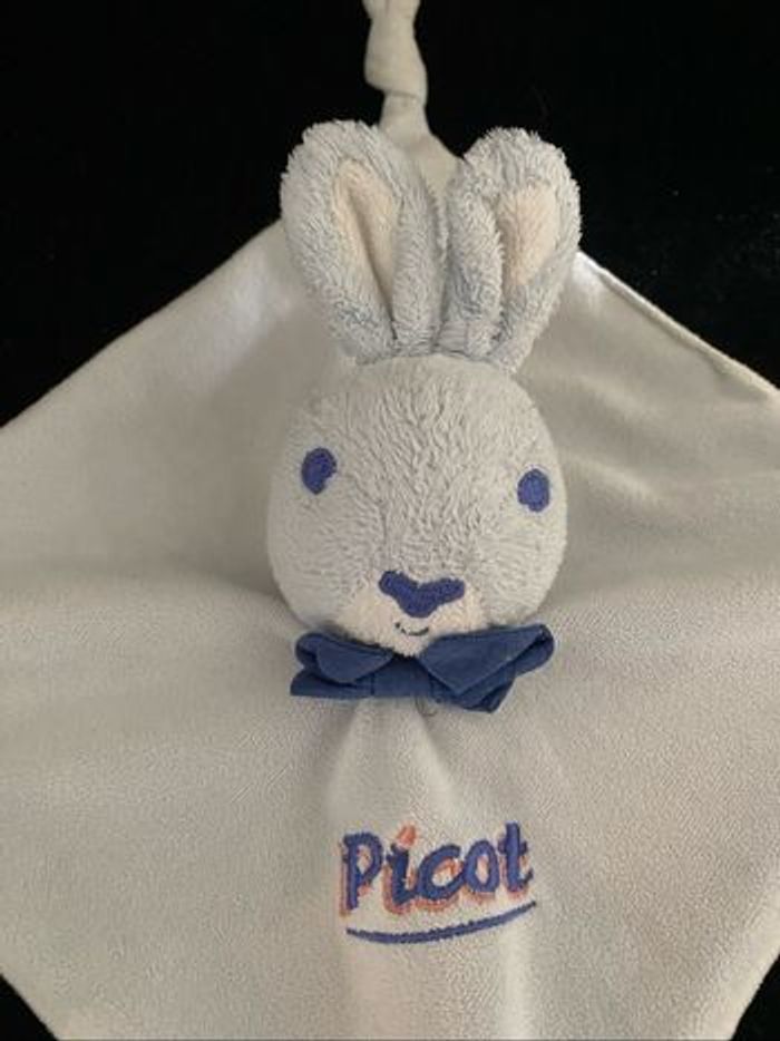B5962❤️Doudou plat mouchoir  lapin picot bleu blanc - photo numéro 2