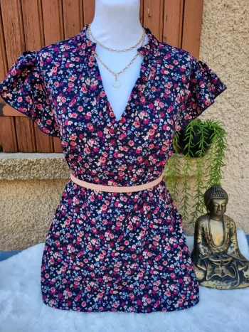 Blouse fleuri bleu marine multicolore taille 48