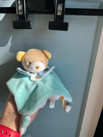 Doudou mouchoir ourson , marron et bleu