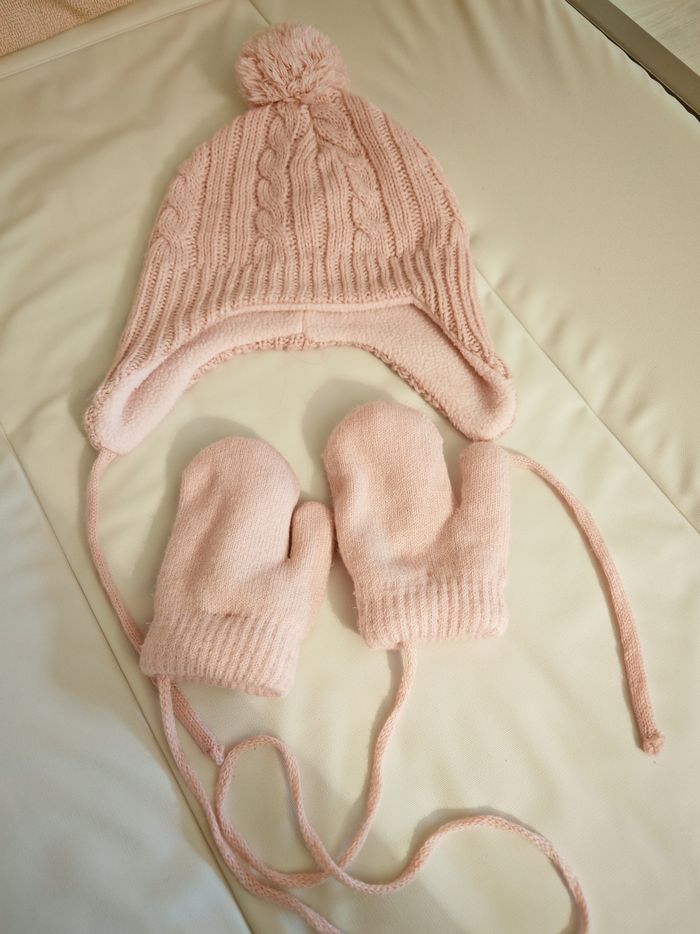 Ensemble bonnet + moufles rose