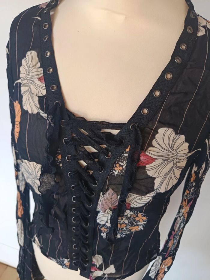 haut top y2k 90 2000 blouse voile transparente à rayure femme sexy à lacet fleurie mng - photo numéro 7