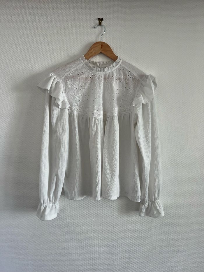 Blouse blanche à broderies et volants Promod taille M - photo numéro 1