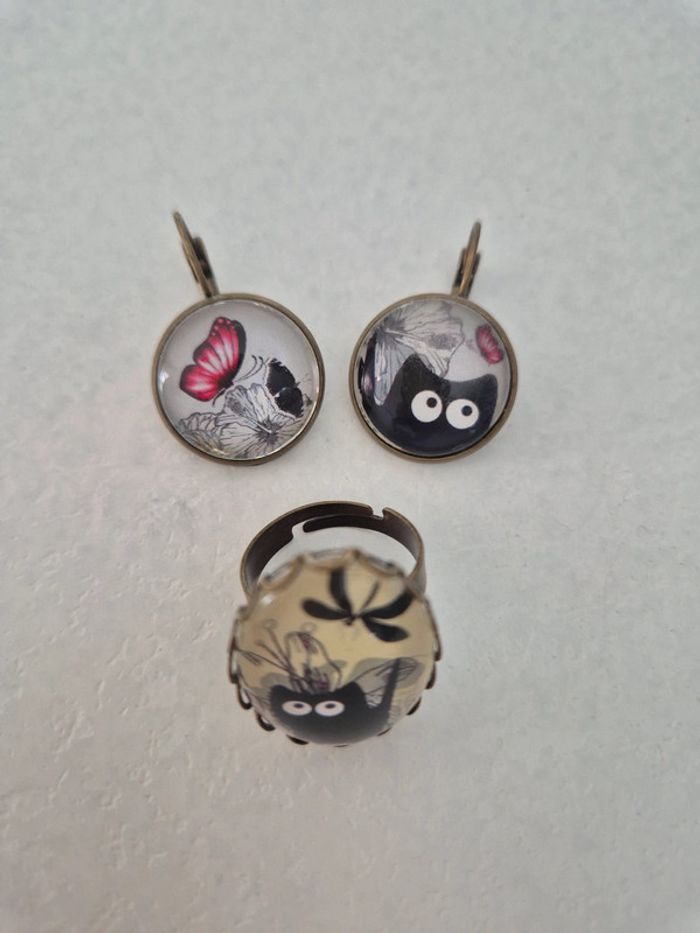 Boucles oreille et bague chat